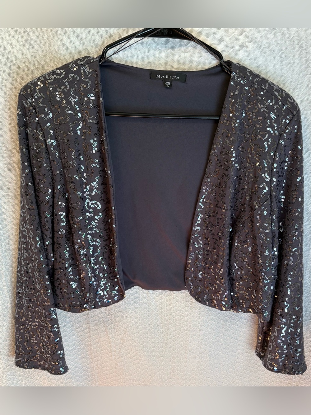 Marina Gray Cropped, open-front sequin bolero for sparkly evening shrug. 
Size L